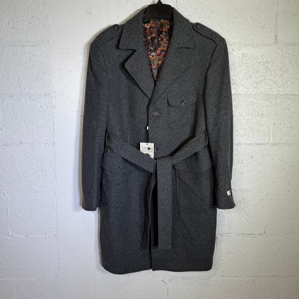 Tayion Collection Mens Classic Self Belted Wool Blend Overcoat Charcoal 42R $495